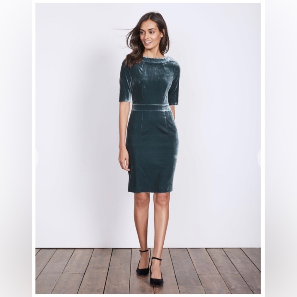 Boden Elegant Velvet Midi Dress in Deep Green